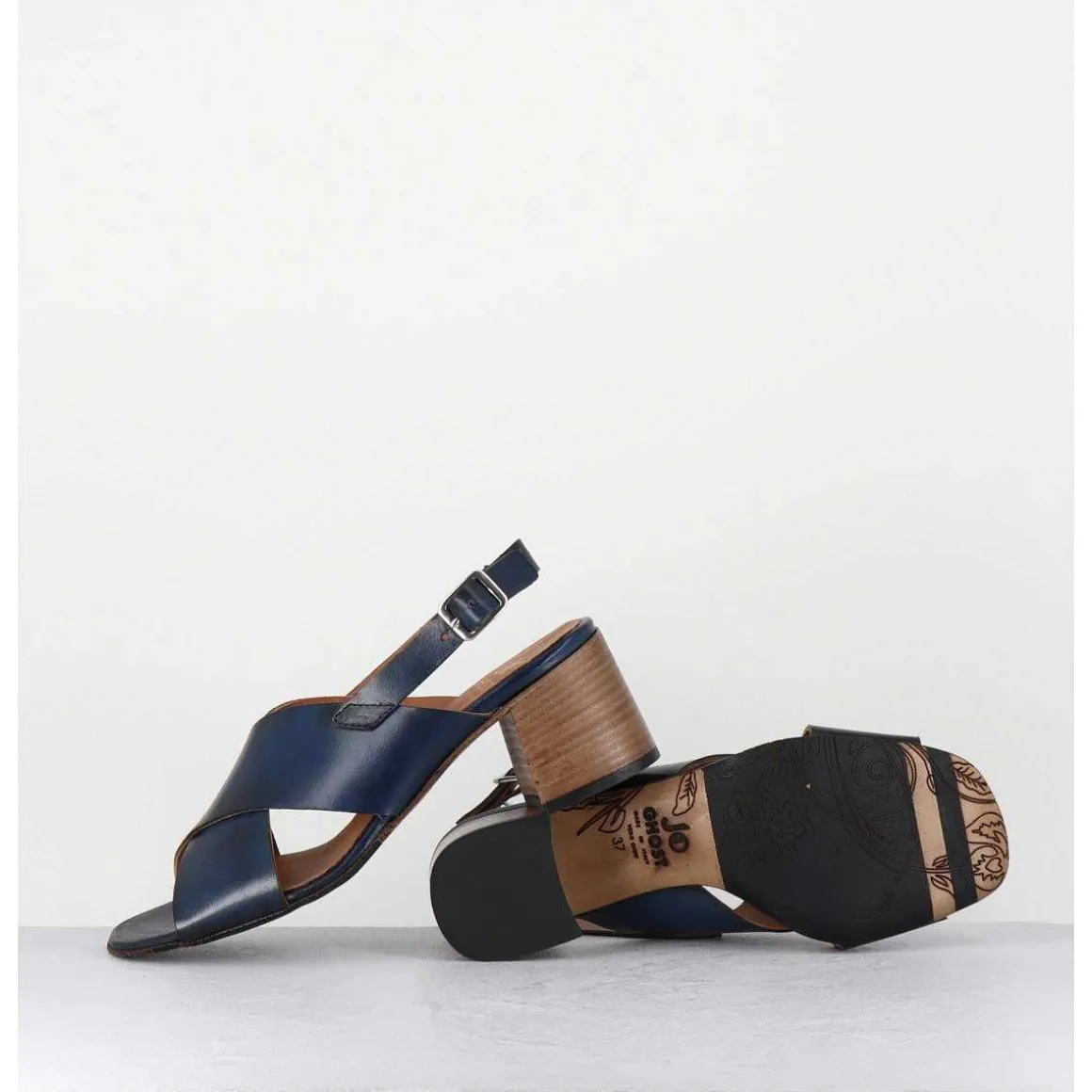 Sandales Petit Talon En Cuir Bleu - 3162 Blu