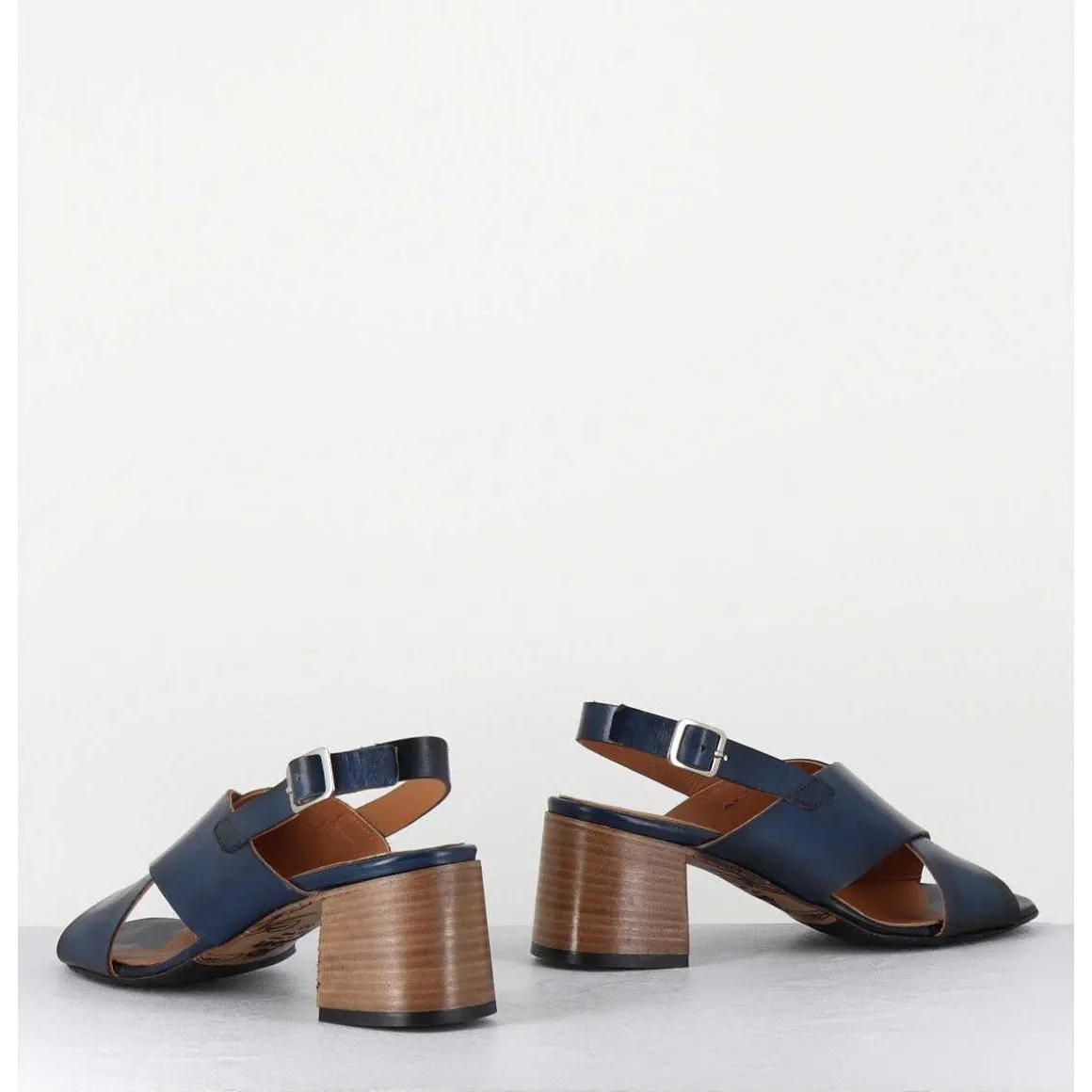 Sandales Petit Talon En Cuir Bleu - 3162 Blu