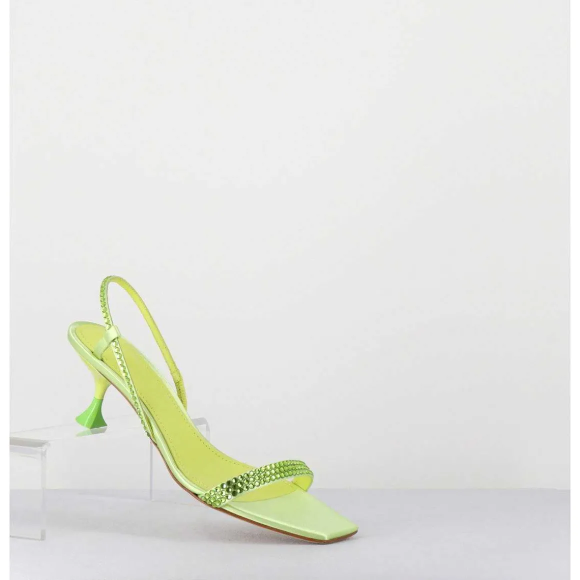 Sandales Petit Talon Satin Vert & Strass - Tami Satin Kiwi