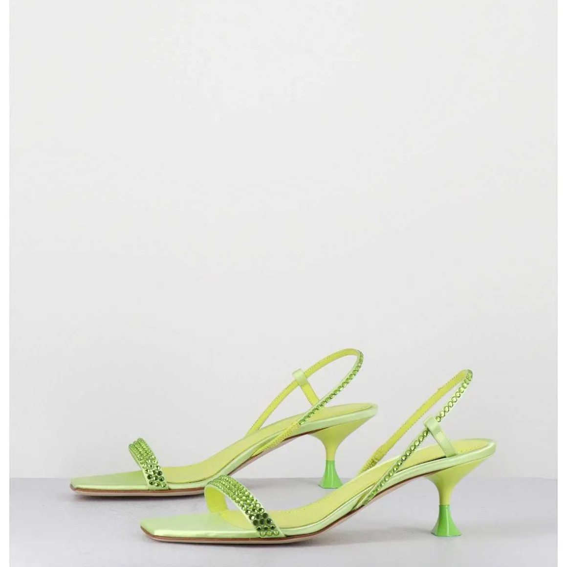 Sandales Petit Talon Satin Vert & Strass - Tami Satin Kiwi