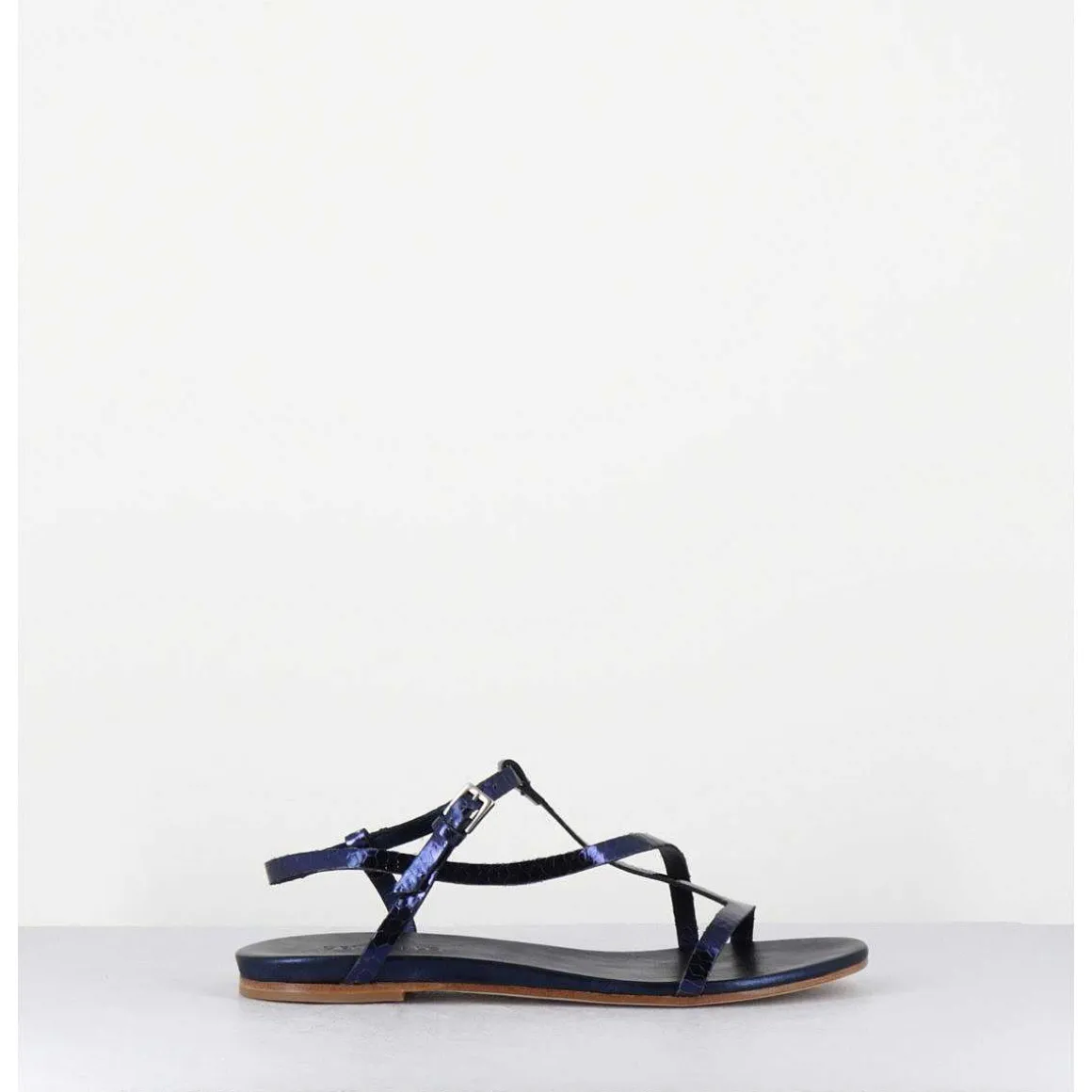 Sandales Plates En Cuir Metallise Bleu Nuit - 11310 Viper Oceano