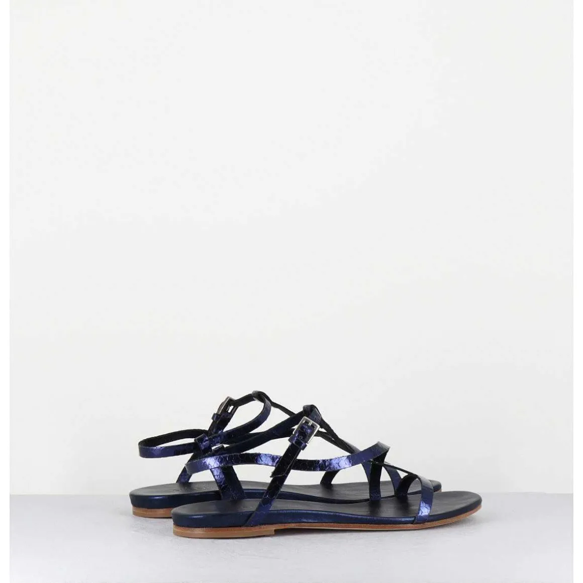 Sandales Plates En Cuir Metallise Bleu Nuit - 11310 Viper Oceano