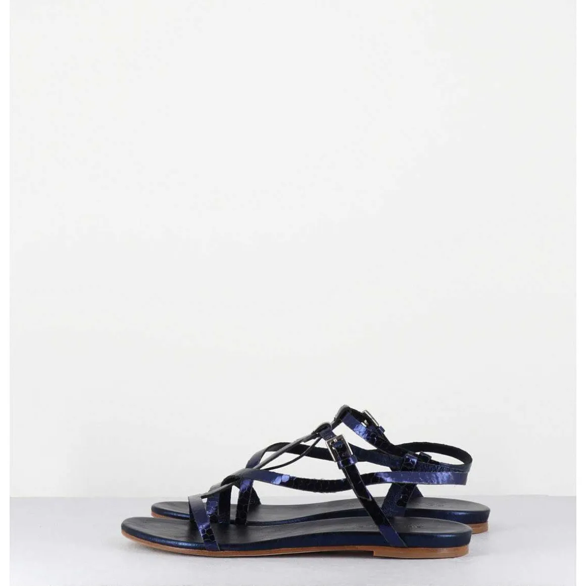 Sandales Plates En Cuir Metallise Bleu Nuit - 11310 Viper Oceano