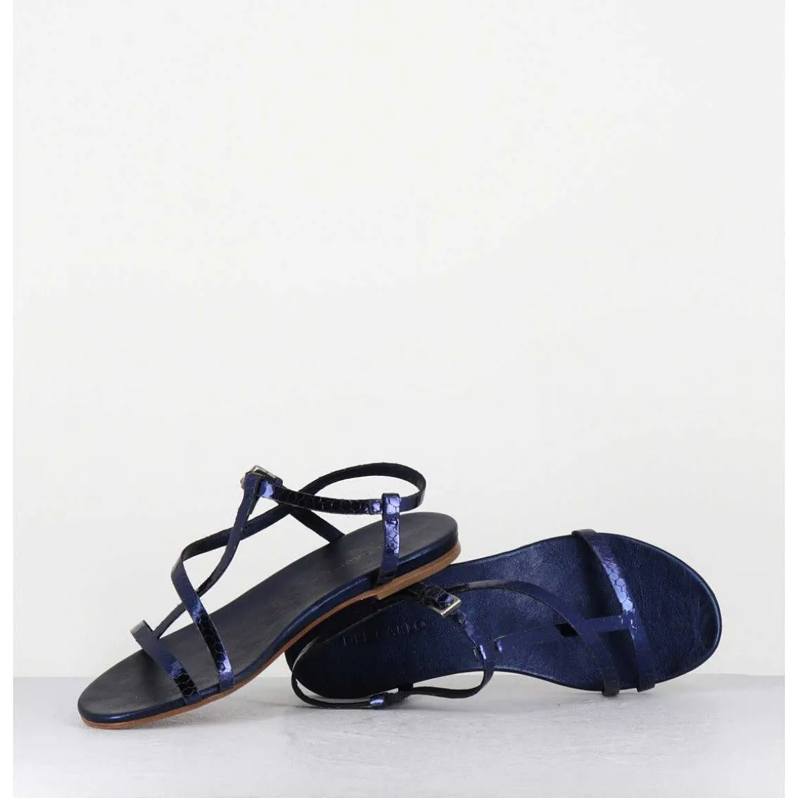 Sandales Plates En Cuir Metallise Bleu Nuit - 11310 Viper Oceano