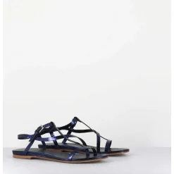 Sandales Plates En Cuir Metallise Bleu Nuit - 11310 Viper Oceano