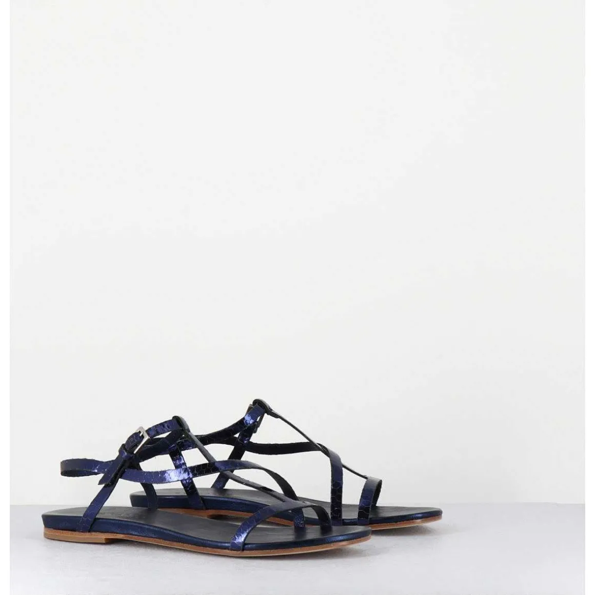 Sandales Plates En Cuir Metallise Bleu Nuit - 11310 Viper Oceano