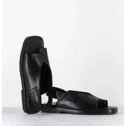 Sandales Plates En Cuir Noir Asymetrique - Ara Trill Nero