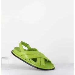 Sandales Plates Semelle Anatomique En Cuir Souple Vert - Drika Nappa Kiwi