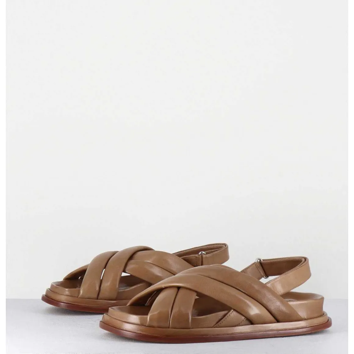 Sandales Plates Semelle Anatomique En Cuir Souple Taupe -Drika Nappa Sand