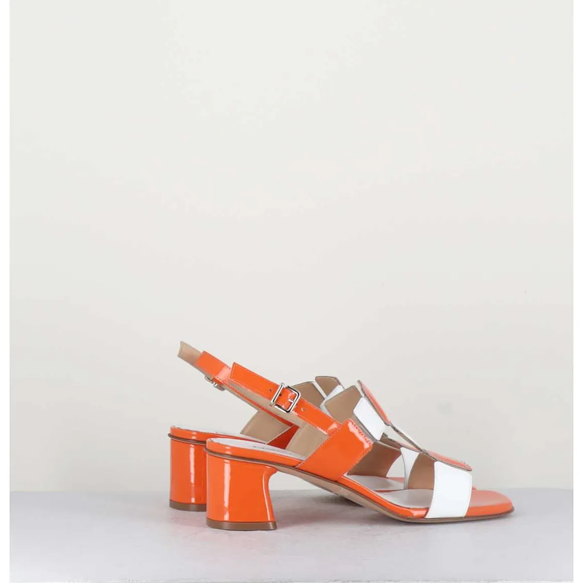 Sandales 60S Bout Carre En Cuir Vernis Orange & Blanc - Lefai5 Orange White