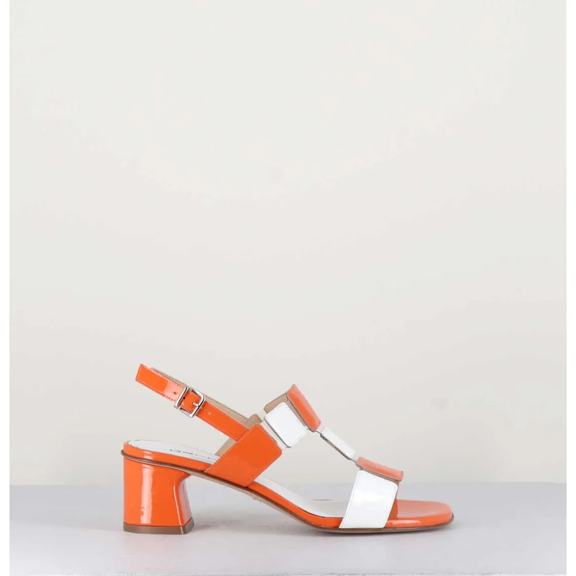 Sandales 60S Bout Carre En Cuir Vernis Orange & Blanc - Lefai5 Orange White
