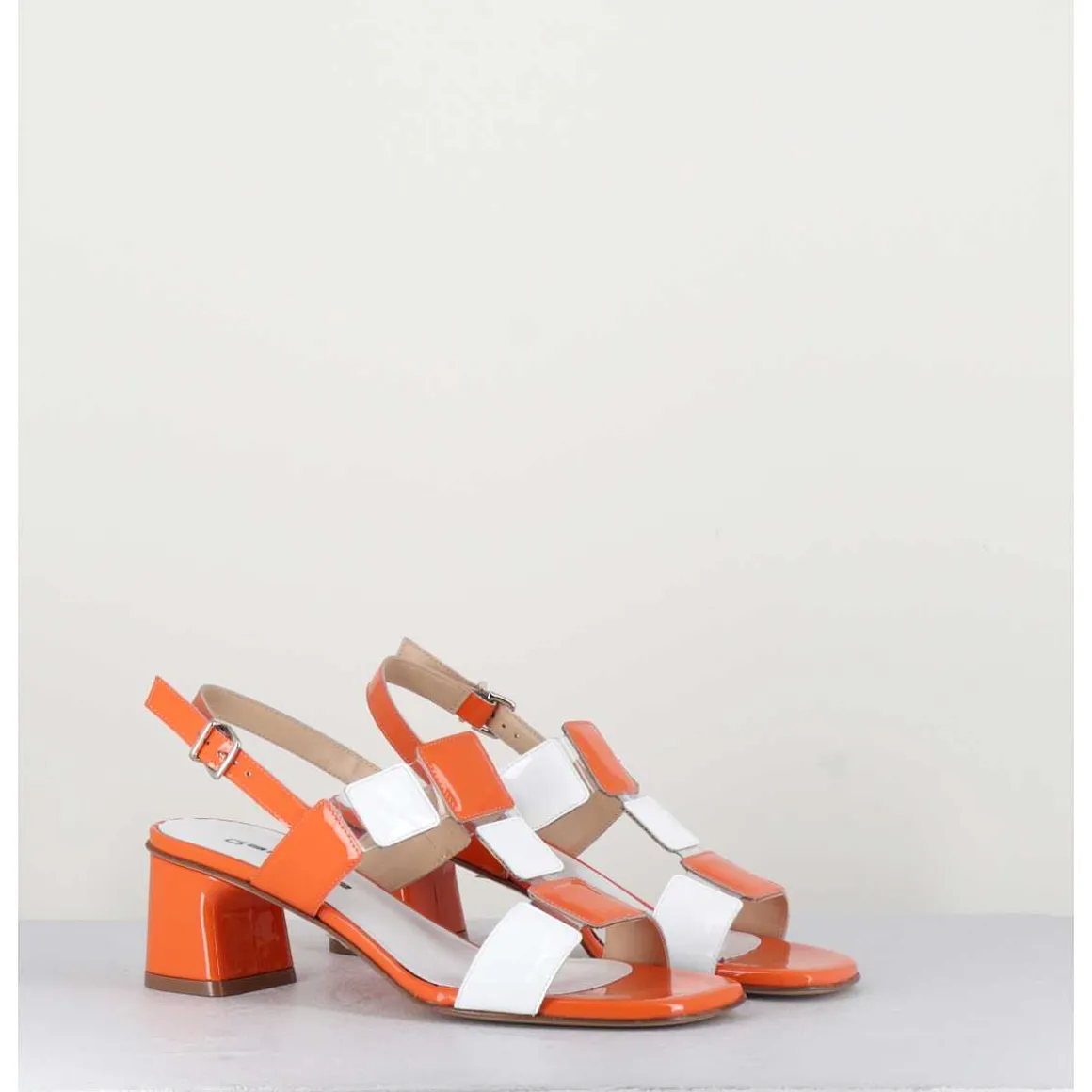 Sandales 60S Bout Carre En Cuir Vernis Orange & Blanc - Lefai5 Orange White