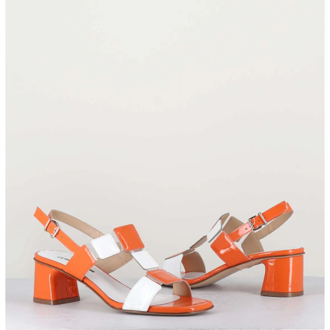 Sandales 60S Bout Carre En Cuir Vernis Orange & Blanc - Lefai5 Orange White