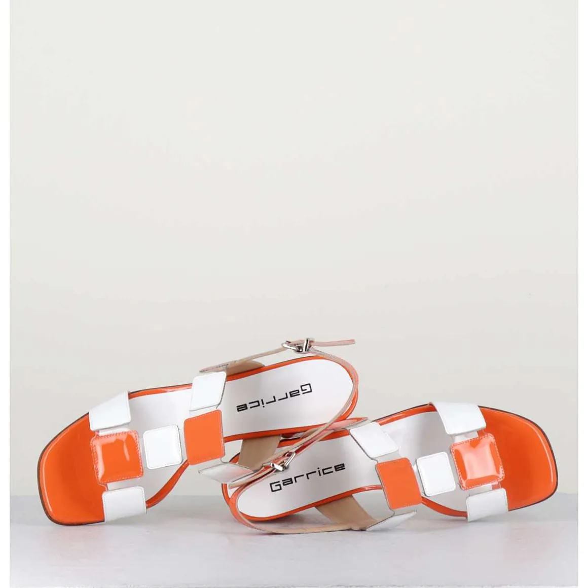 Sandales 60S Bout Carre En Cuir Vernis Orange & Blanc - Lefai5 Orange White