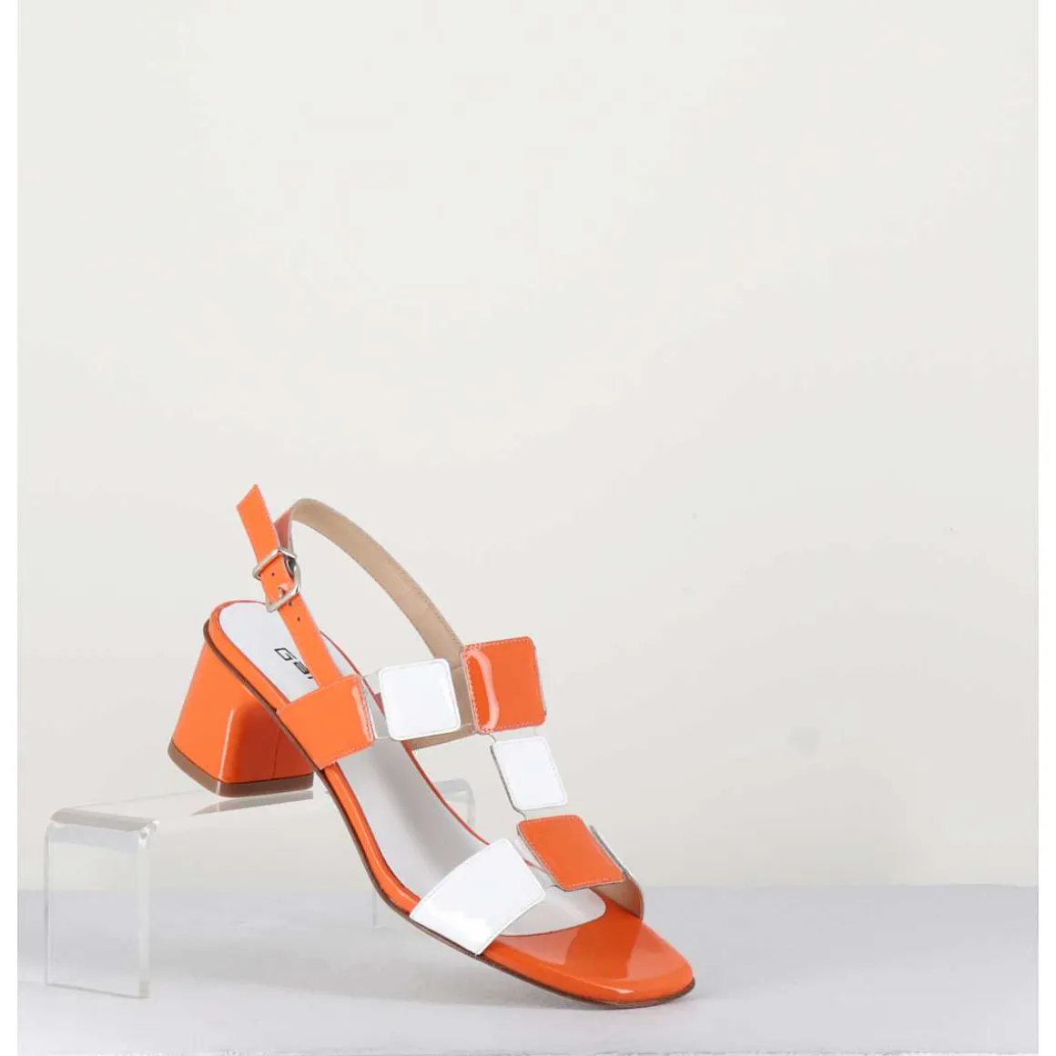 Sandales 60S Bout Carre En Cuir Vernis Orange & Blanc - Lefai5 Orange White