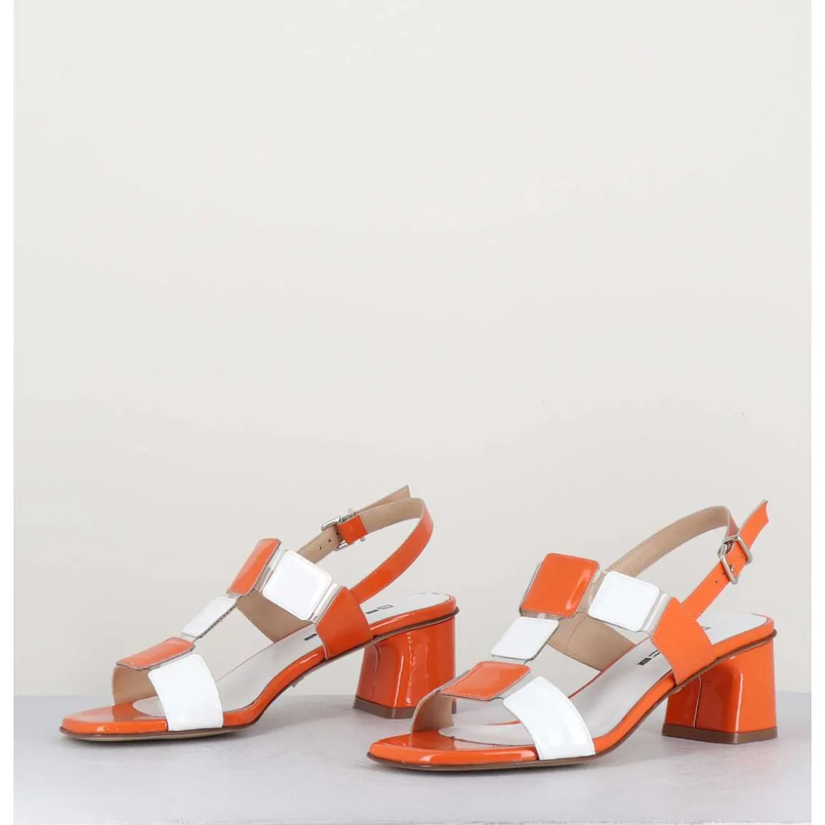 Sandales 60S Bout Carre En Cuir Vernis Orange & Blanc - Lefai5 Orange White