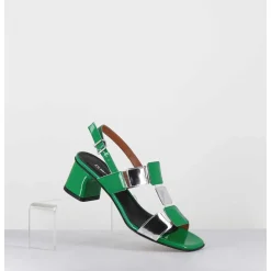 Sandales 60S Bout Carre En Cuir Vernis Vert & Argent - Lefai7 Verde Argento