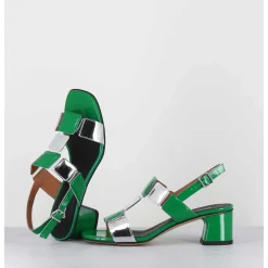 Sandales 60S Bout Carre En Cuir Vernis Vert & Argent - Lefai7 Verde Argento