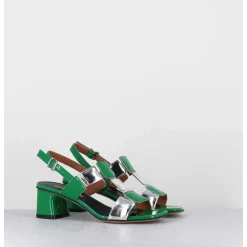 Sandales 60S Bout Carre En Cuir Vernis Vert & Argent - Lefai7 Verde Argento