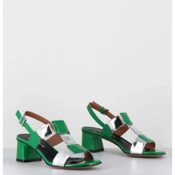 Sandales 60S Bout Carre En Cuir Vernis Vert & Argent - Lefai7 Verde Argento
