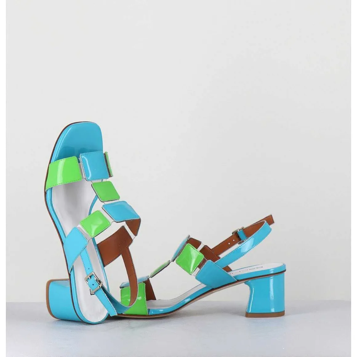 Sandales 60S Bout Carre En Cuir Vernis Bleu & Vert - Lefai Blu Green