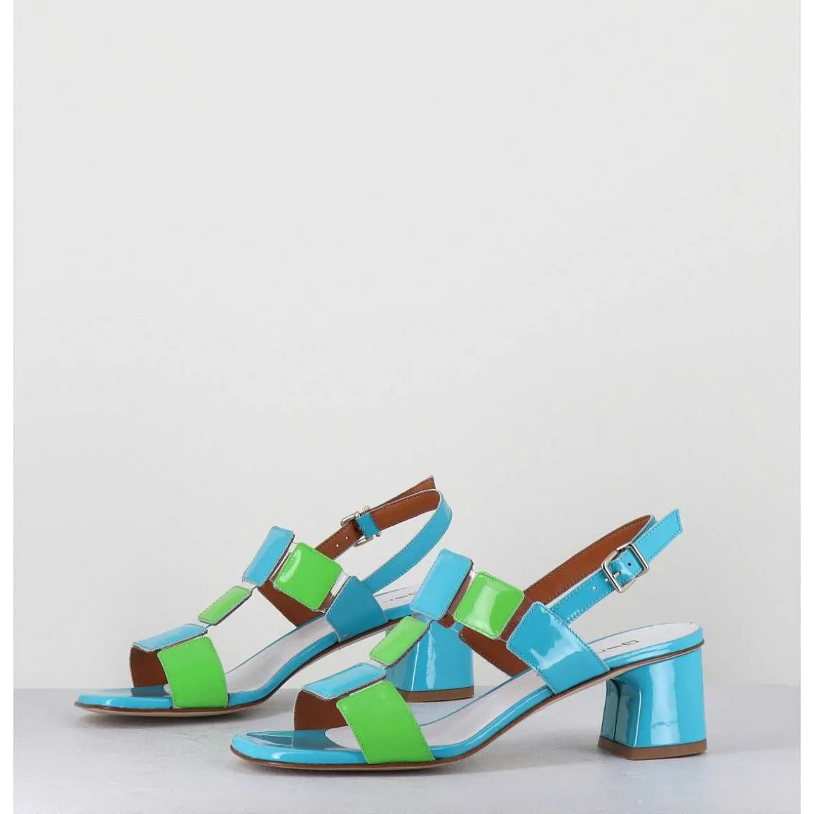 Sandales 60S Bout Carre En Cuir Vernis Bleu & Vert - Lefai Blu Green