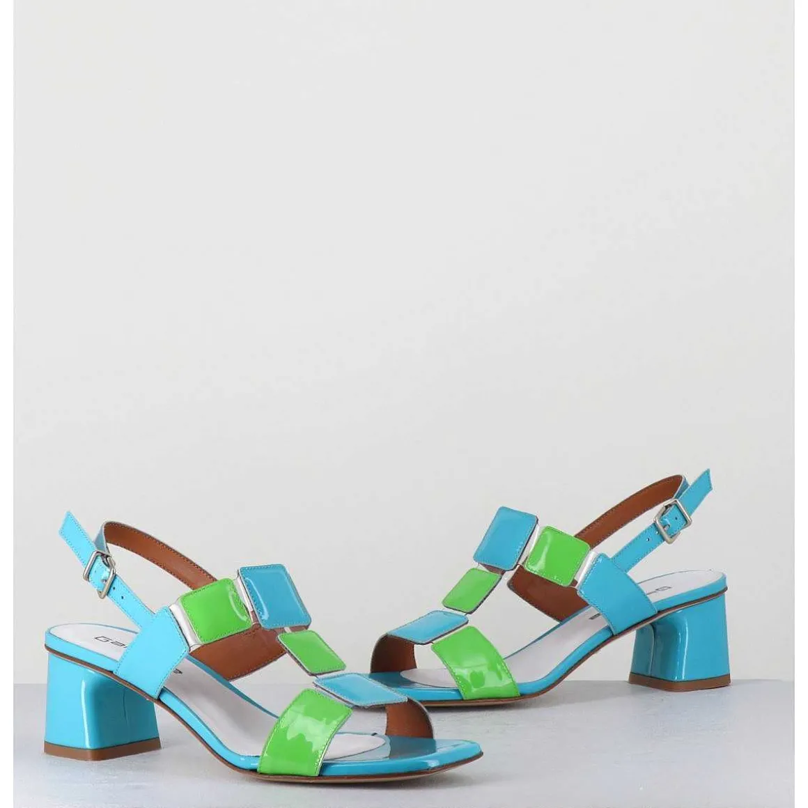 Sandales 60S Bout Carre En Cuir Vernis Bleu & Vert - Lefai Blu Green