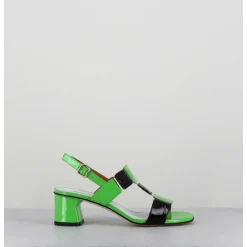 Sandales 60S Bout Carre En Cuir Vernis Vert & Noir - Lefai Green Black