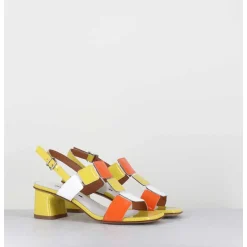 Sandales 60S En Cuir Vernis Jaune Orange Blanc - Lefai8 Vernice Egg