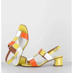 Sandales 60S En Cuir Vernis Jaune Orange Blanc - Lefai8 Vernice Egg