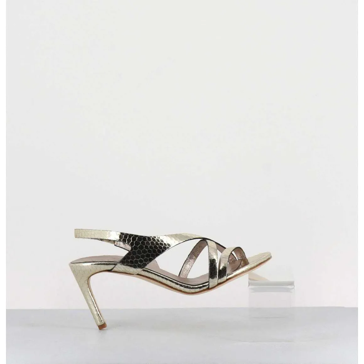 Sandales Talon Fin Slingback En Cuir Metallise Dore - 11527 Viper Platino