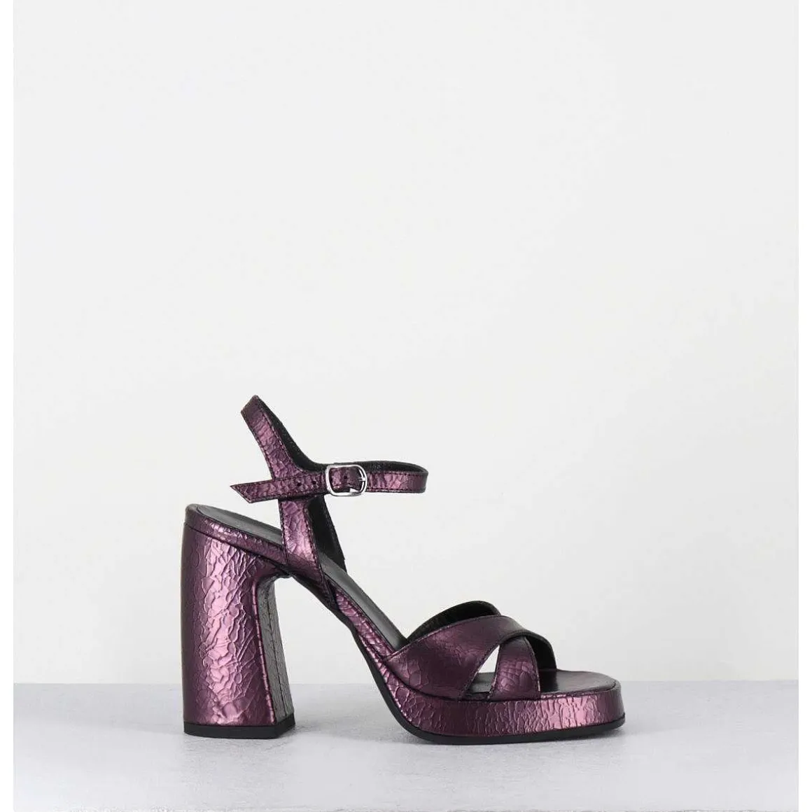 Sandales Talon Haut A Plateforme En Cuir Craquele Prune - Suma2 Crak Prugna