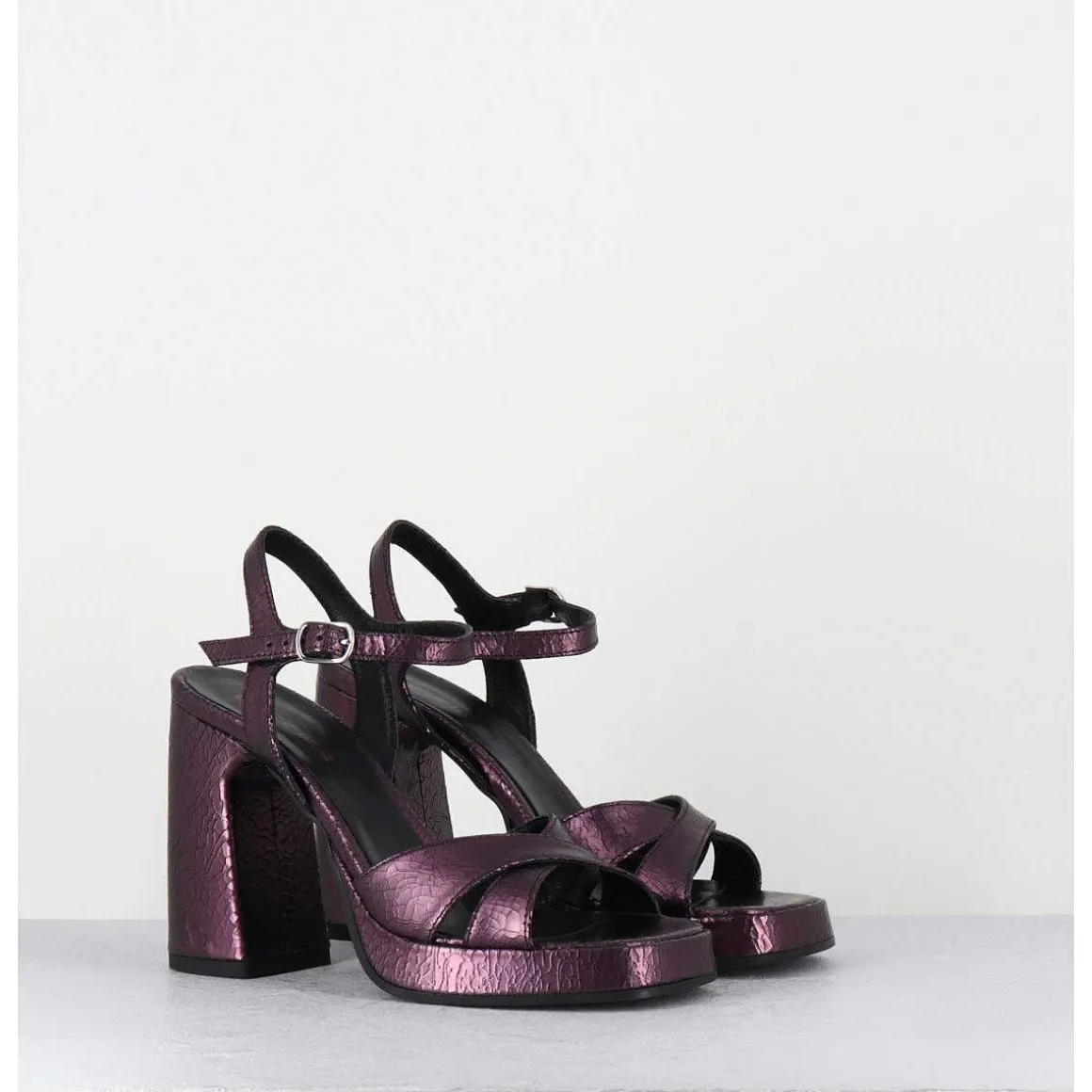 Sandales Talon Haut A Plateforme En Cuir Craquele Prune - Suma2 Crak Prugna