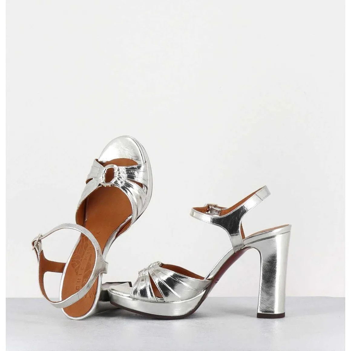 Sandales Talon Haut Cuir Metallise Argent - Chiva Porsche Silver