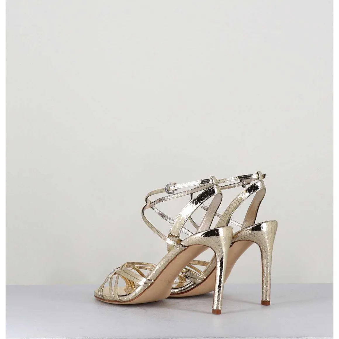 Sandales Talon Haut Cuir Imprime Serpent Dore - 11119 Viper Platino