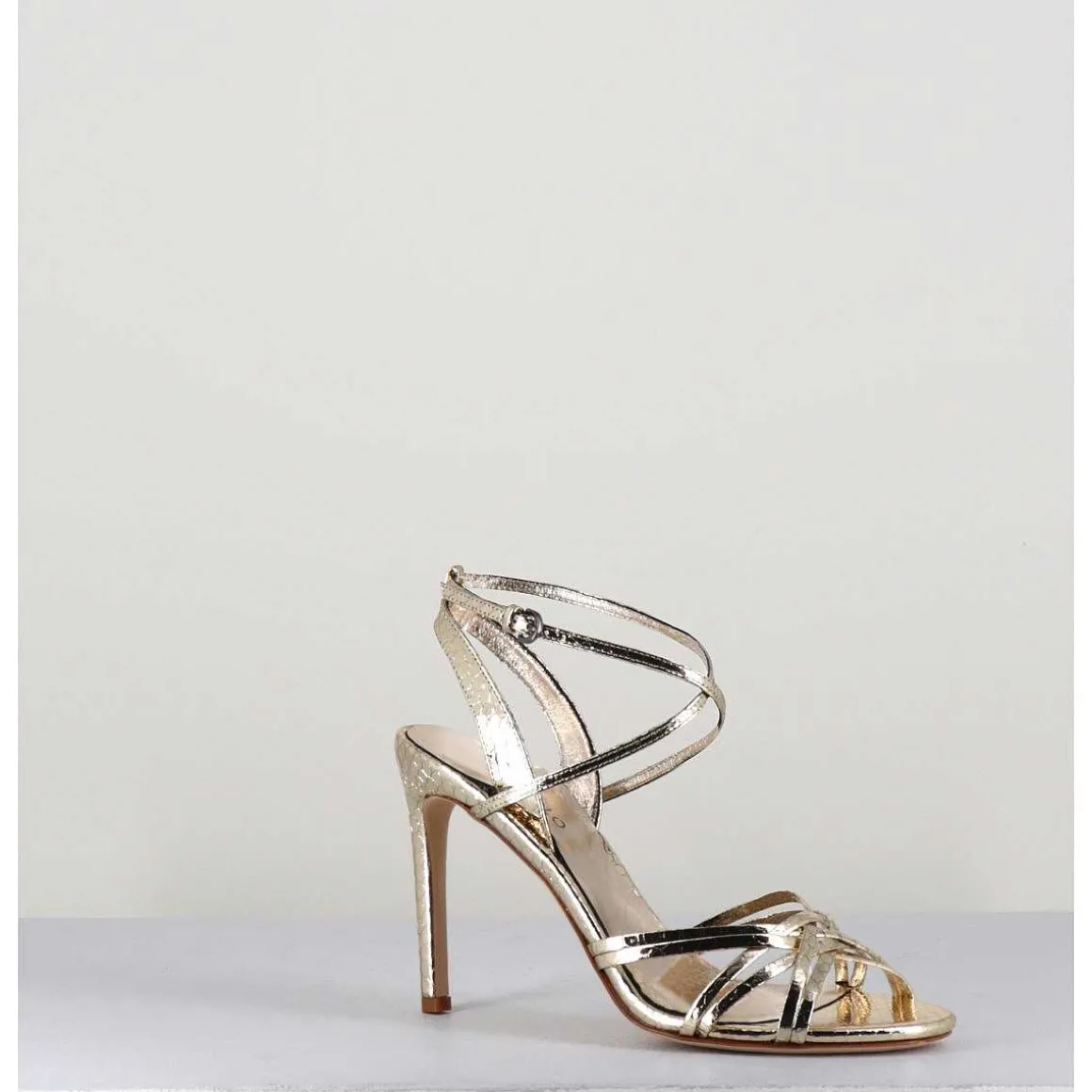 Sandales Talon Haut Cuir Imprime Serpent Dore - 11119 Viper Platino
