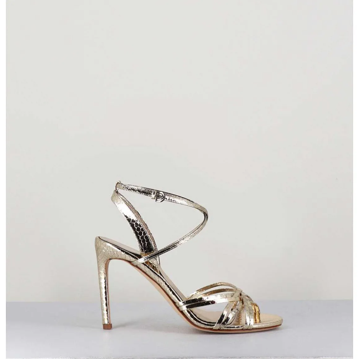 Sandales Talon Haut Cuir Imprime Serpent Dore - 11119 Viper Platino