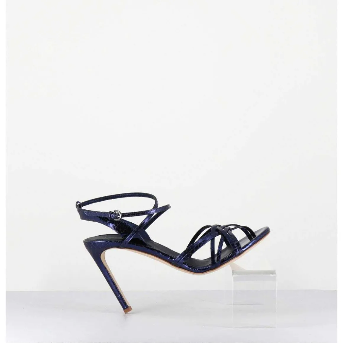 Sandales Talon Haut Cuir Imprime Serpent Bleu Nuit - 11119 Viper Oceano