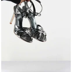 Sandales Talon Haut Cuir Imprime Serpent Argent - 11119 Viper Argento