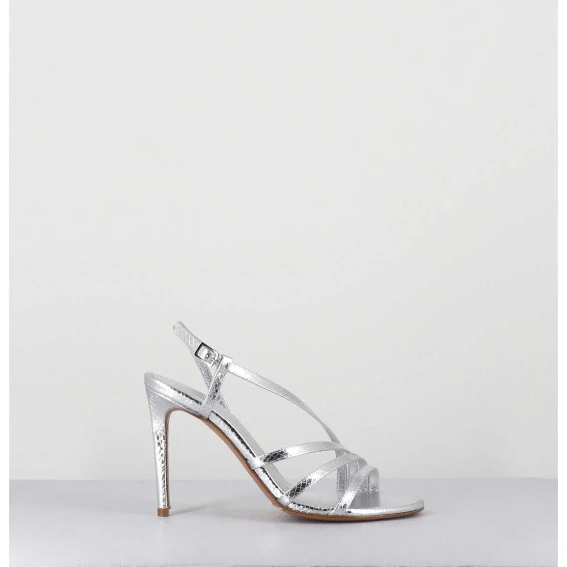 Sandales Talon Haut Multi-Brides Cuir Metallise Argent - Korni Whips Argento