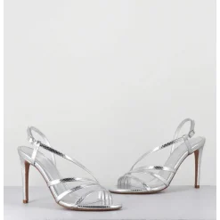 Sandales Talon Haut Multi-Brides Cuir Metallise Argent - Korni Whips Argento