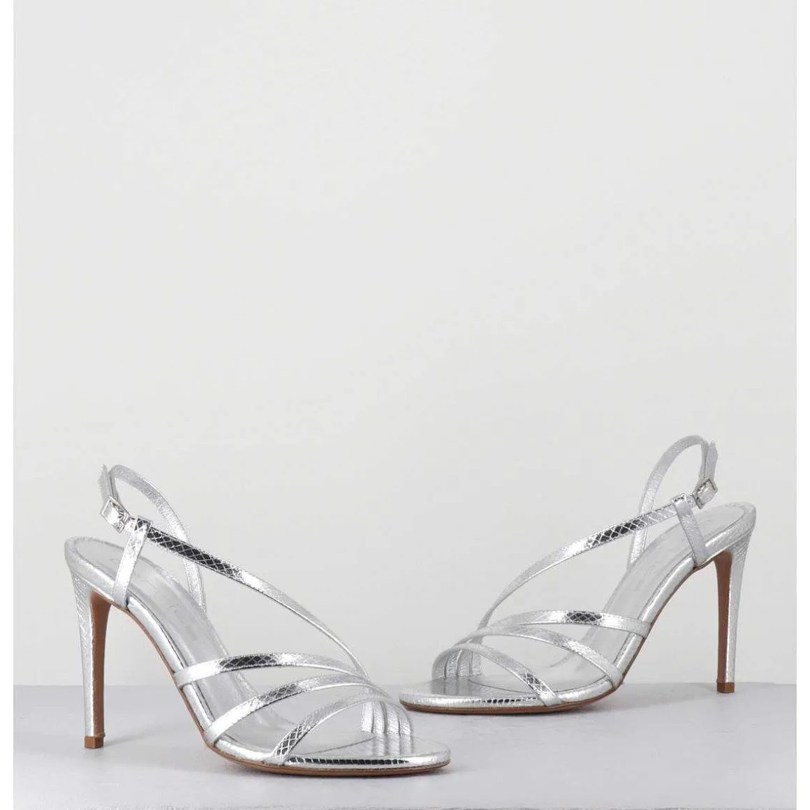 Sandales Talon Haut Multi-Brides Cuir Metallise Argent - Korni Whips Argento