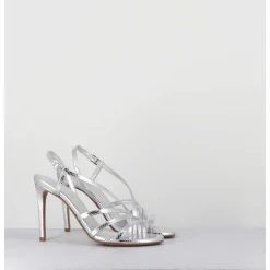 Sandales Talon Haut Multi-Brides Cuir Metallise Argent - Korni Whips Argento