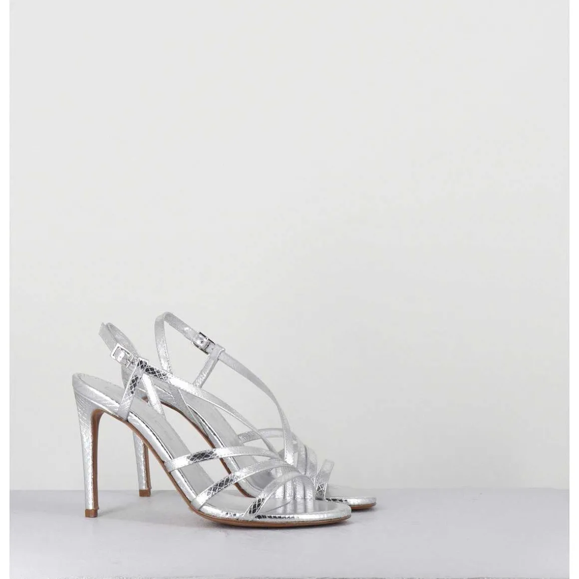 Sandales Talon Haut Multi-Brides Cuir Metallise Argent - Korni Whips Argento