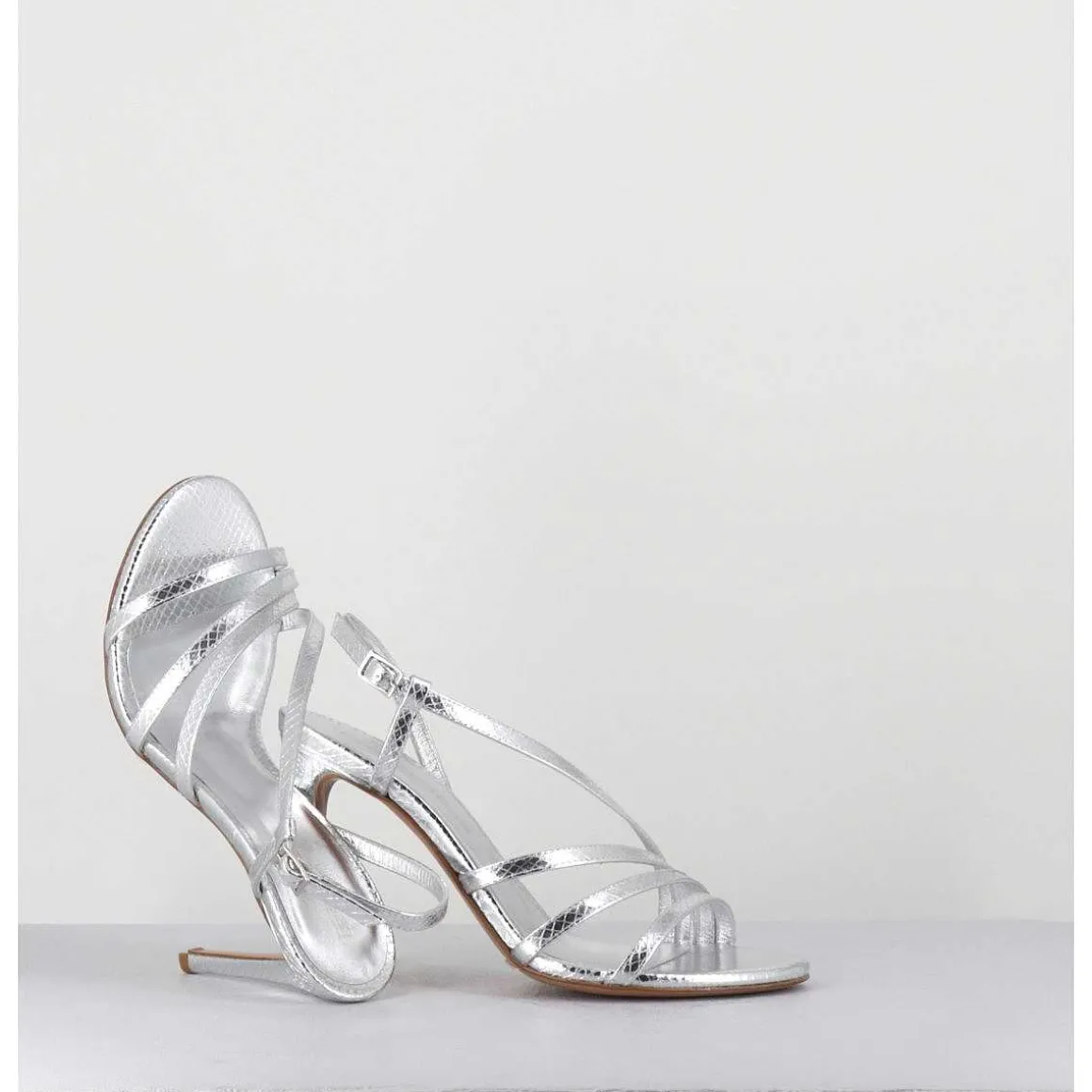 Sandales Talon Haut Multi-Brides Cuir Metallise Argent - Korni Whips Argento