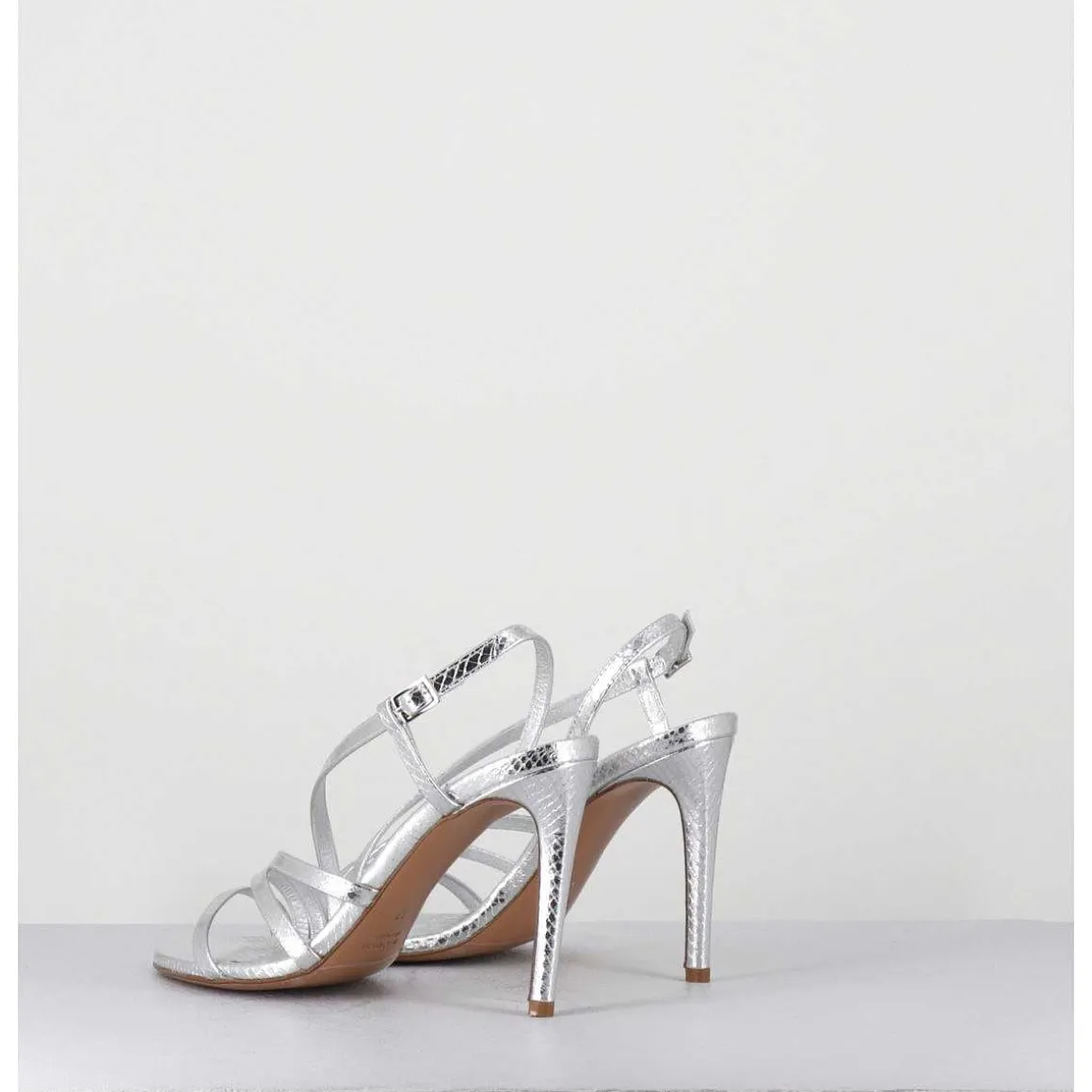 Sandales Talon Haut Multi-Brides Cuir Metallise Argent - Korni Whips Argento