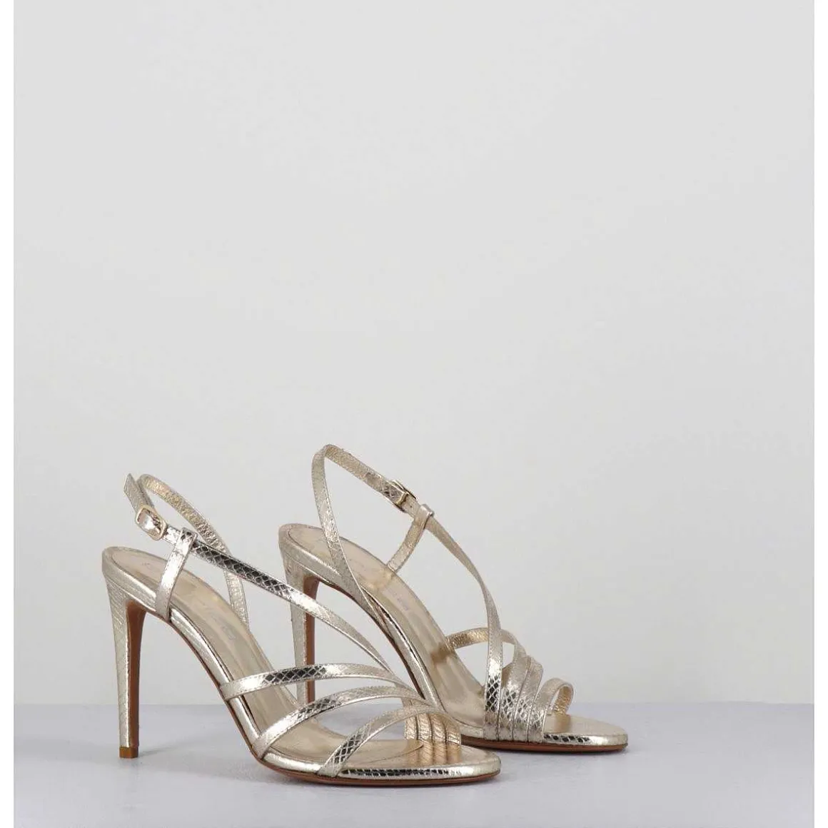 Sandales Talon Haut Multi-Brides Cuir Metallise Dore - Korni Whips Oro