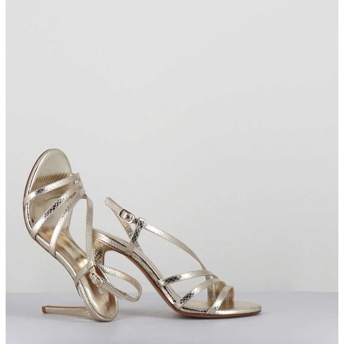 Sandales Talon Haut Multi-Brides Cuir Metallise Dore - Korni Whips Oro