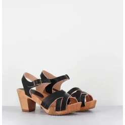 Sandales-Sabots A Talon Leger Cuir Noir - 236-109 Veg Noir