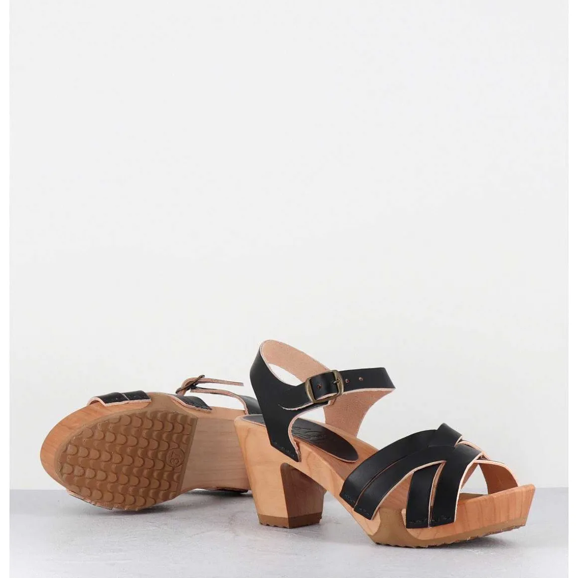 Sandales-Sabots A Talon Leger Cuir Noir - 236-109 Veg Noir